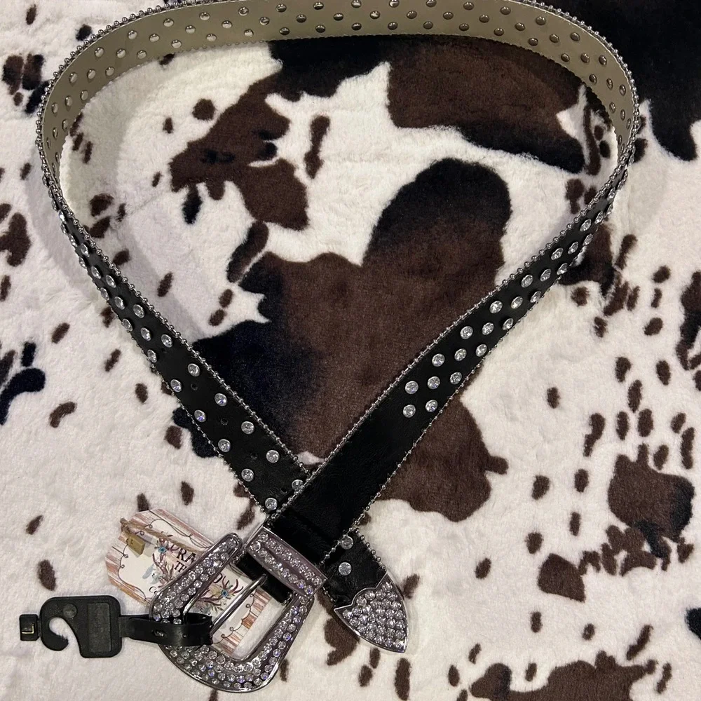 Womens Western Rhinestone Belt Black Silver Studded Bling Cowgirl  Medium‎ New